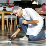 a food worker inspects the floor for signs