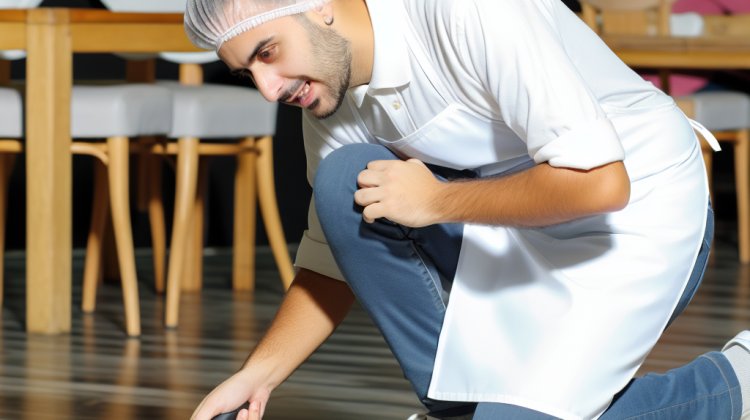 a food worker inspects the floor for signs